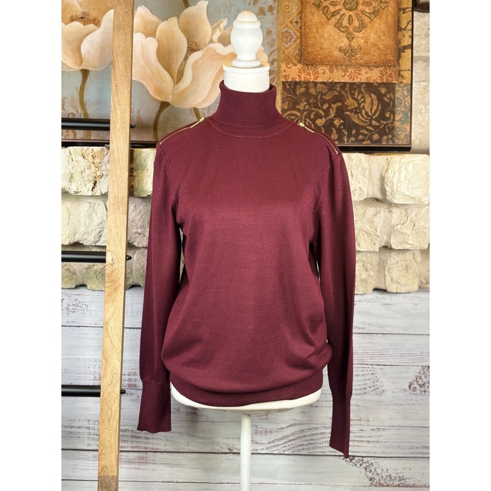 NWT Joseph A Womens Wine Maroon Gold Shoulder Zip Turtleneck Sweater Medium - Picture 2 of 11